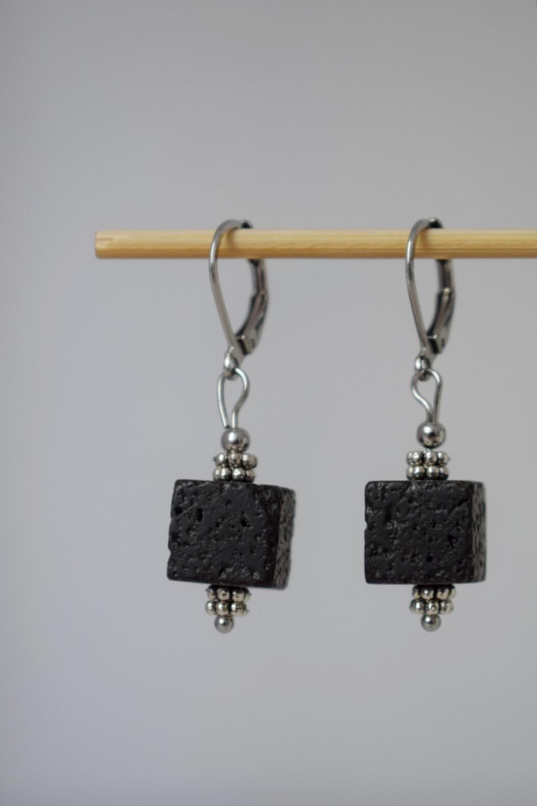 Lava Stone Cube Earrings: Surgical Steel Diffuser Hoops