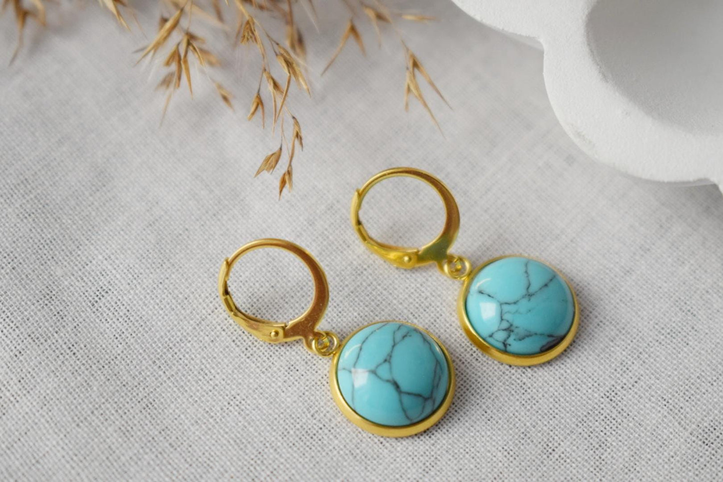 Turquoise Dangle Earrings: 24k Gold Plated Lever Back Hoops, Minimalist Lightweight Earrings, Boho Jewelry, Gift for her