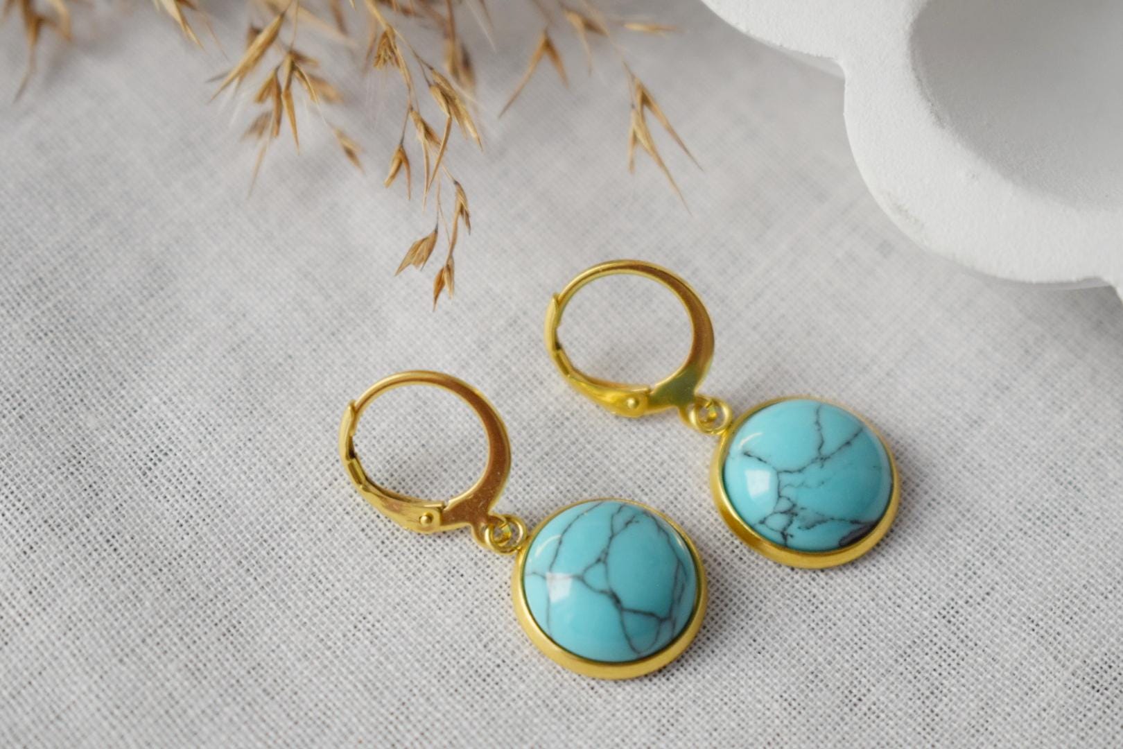 Turquoise Dangle Earrings: 24k Gold Plated Lever Back Hoops, Minimalist Lightweight Earrings, Boho Jewelry, Gift for her