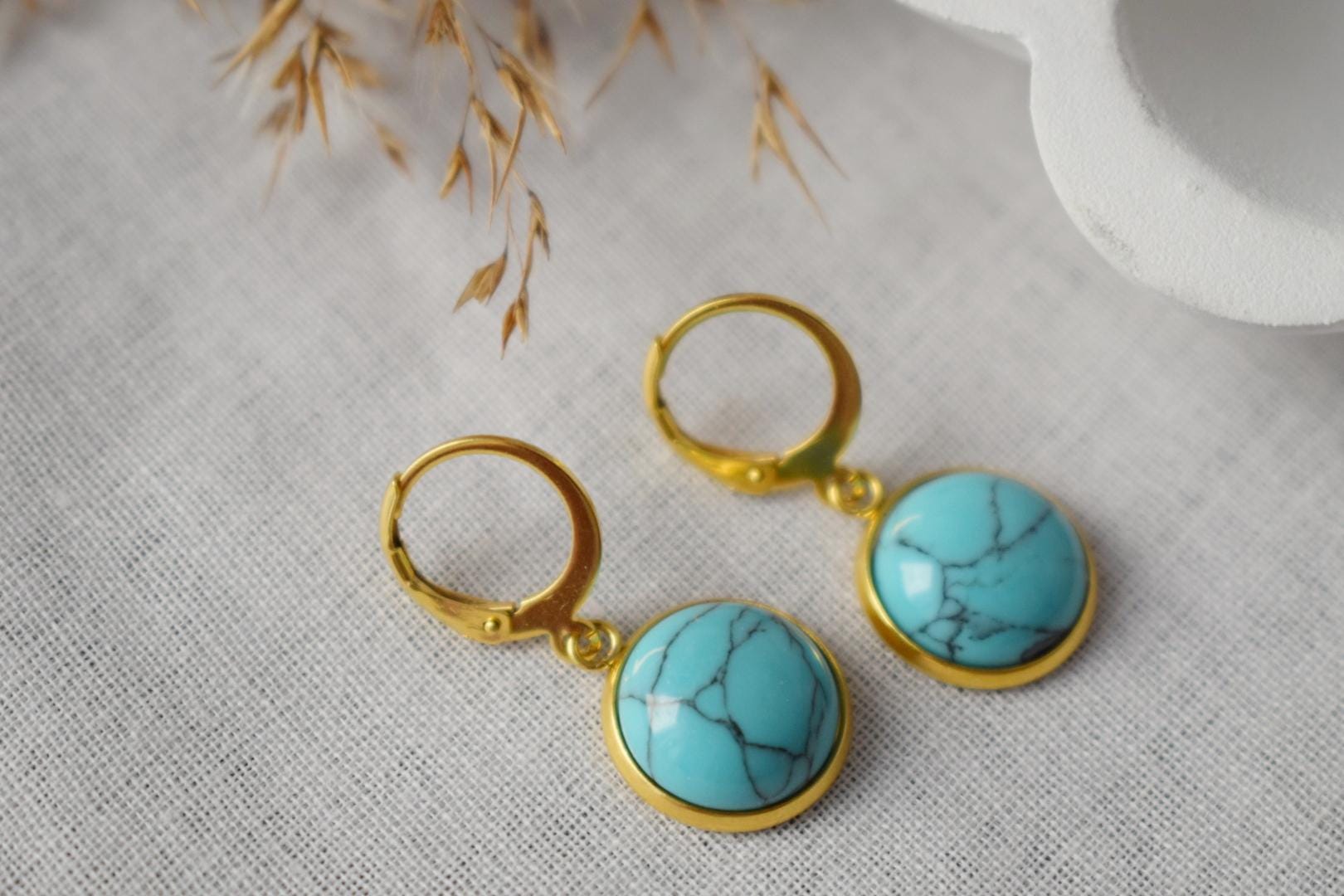 Turquoise Dangle Earrings: 24k Gold Plated Lever Back Hoops, Minimalist Lightweight Earrings, Boho Jewelry, Gift for her