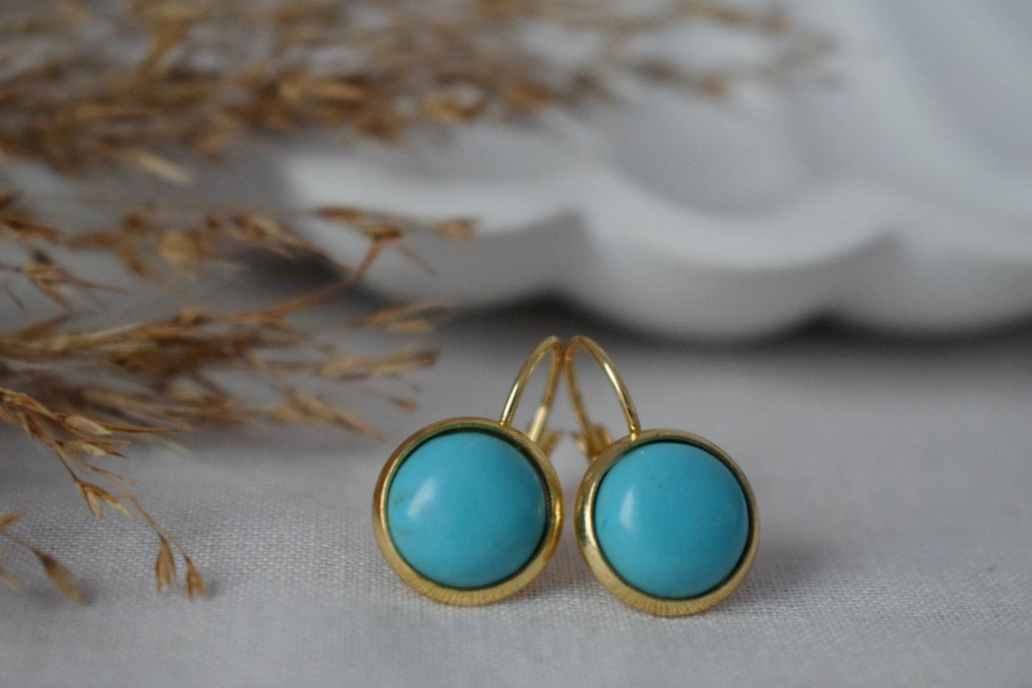 Türkise Ohrringe, runder blauer Edelstein, 18 Karat vergoldeter Edelstahl, leichte Ohrringe, Boho-Schmuck für Damen, Geschenk für Sie
