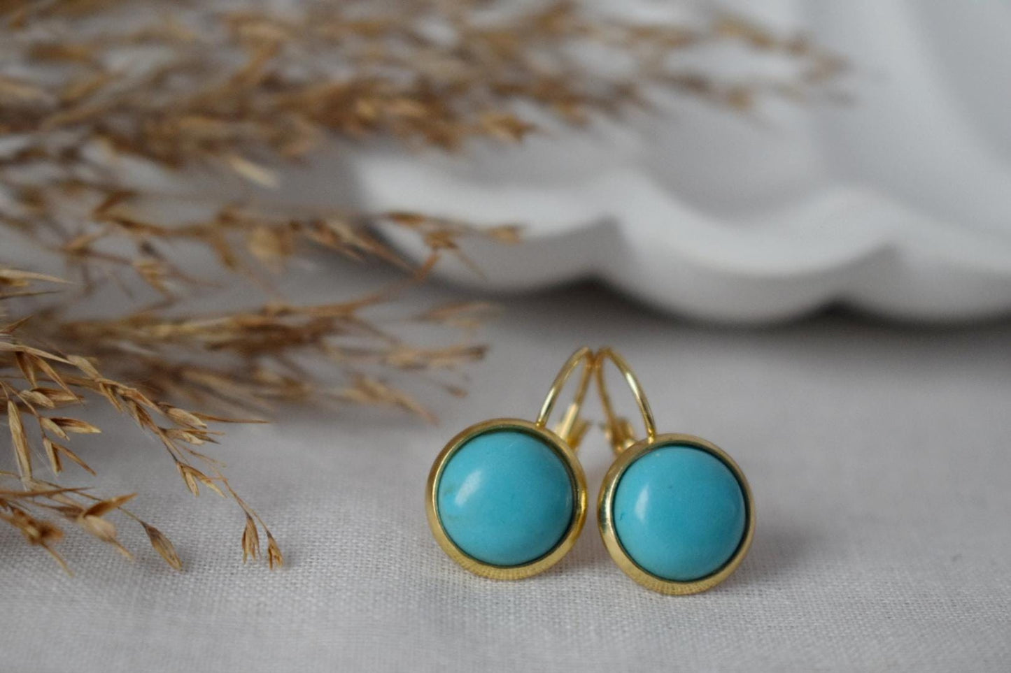 Türkise Ohrringe, runder blauer Edelstein, 18 Karat vergoldeter Edelstahl, leichte Ohrringe, Boho-Schmuck für Damen, Geschenk für Sie