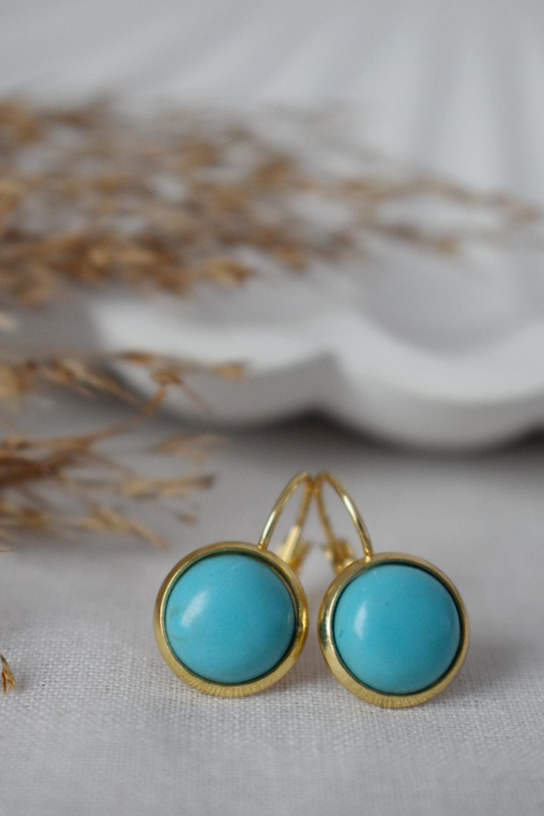 Türkise Ohrringe, runder blauer Edelstein, 18 Karat vergoldeter Edelstahl, leichte Ohrringe, Boho-Schmuck für Damen, Geschenk für Sie