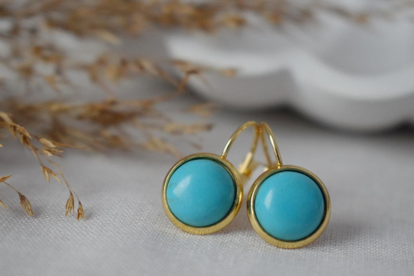 Türkise Ohrringe, runder blauer Edelstein, 18 Karat vergoldeter Edelstahl, leichte Ohrringe, Boho-Schmuck für Damen, Geschenk für Sie
