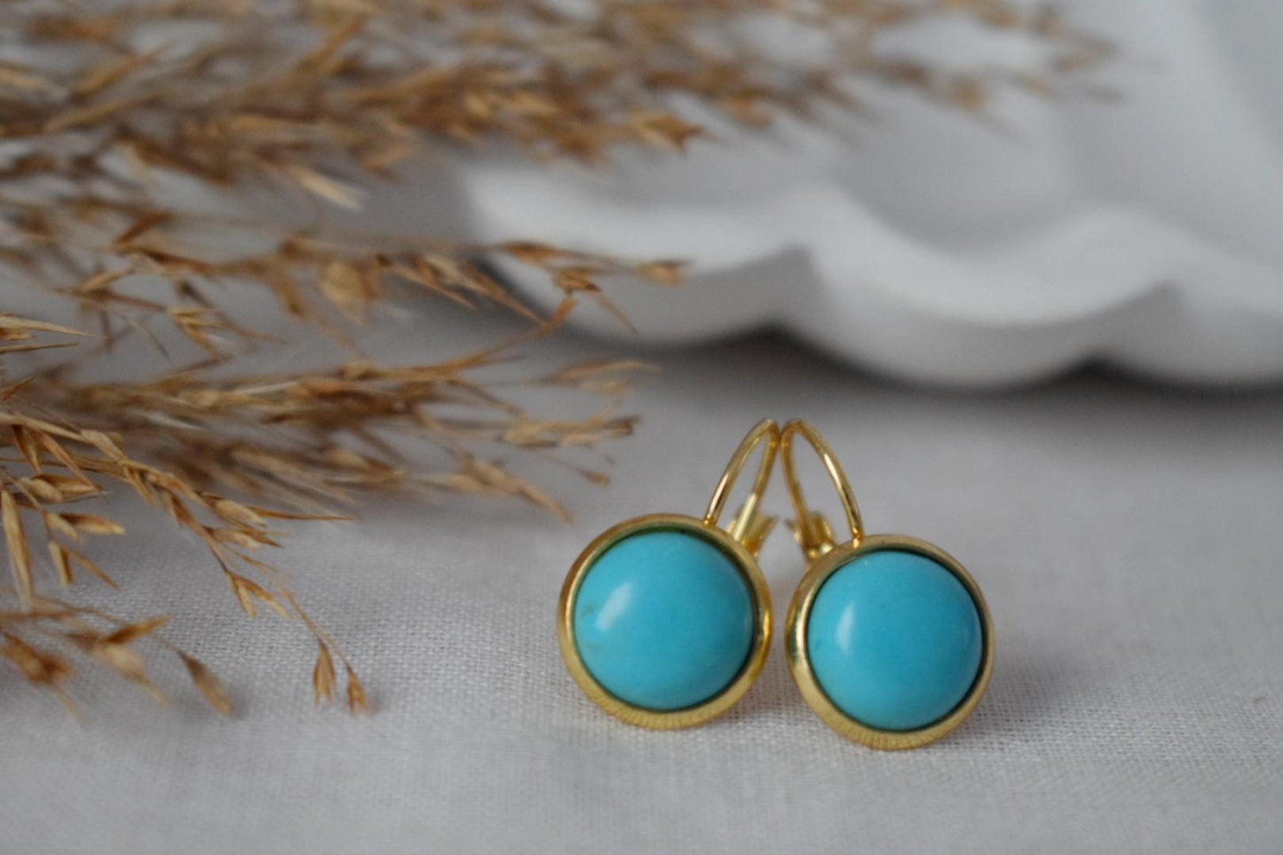 Türkise Ohrringe, runder blauer Edelstein, 18 Karat vergoldeter Edelstahl, leichte Ohrringe, Boho-Schmuck für Damen, Geschenk für Sie