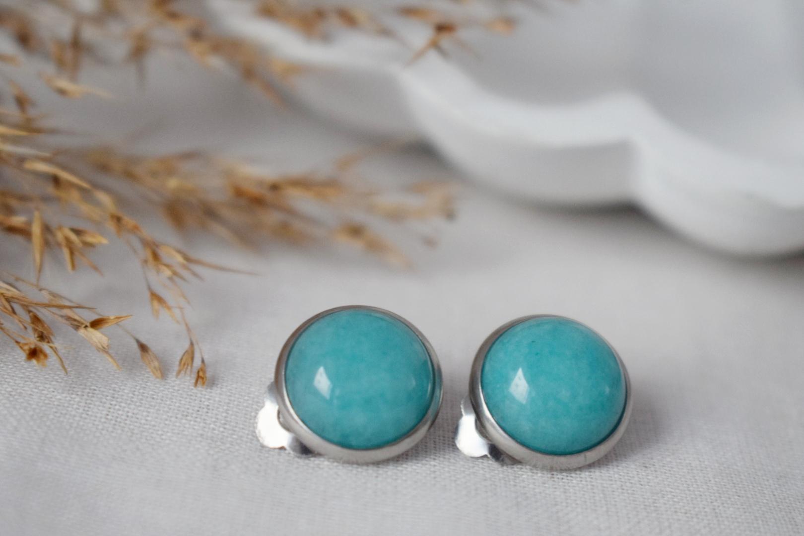 Jade Turquoise Clip On Earrings: Surgical Steel, Handmade