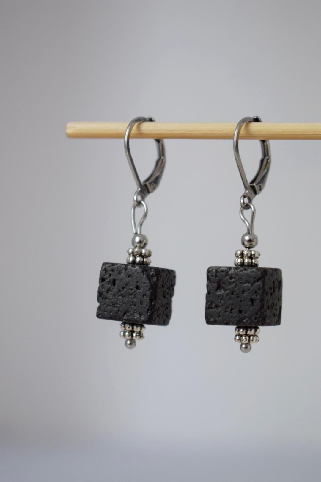 Cube Lava stone earrings, Black gemstone bead huggie hoops, Lava rock, Diffuser Jewelry, Surgical Stainless steel, Essential oil, Gift
