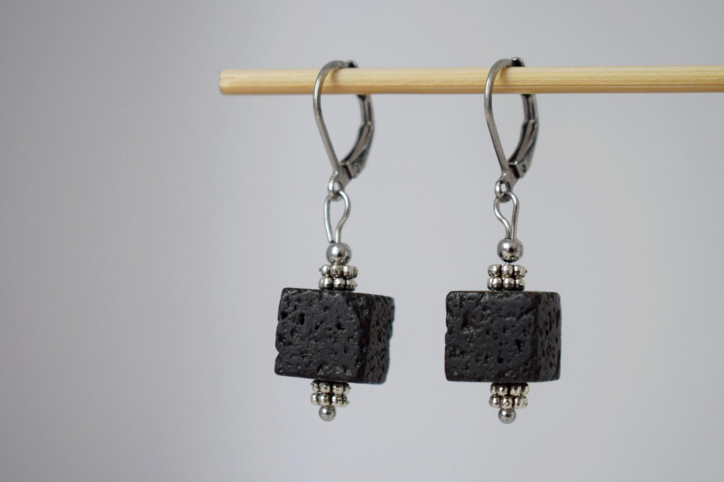 Lava Stone Cube Earrings: Surgical Steel Diffuser Hoops
