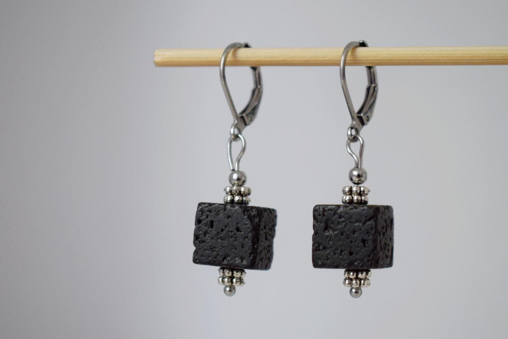 Lava Stone Cube Earrings: Surgical Steel Diffuser Hoops