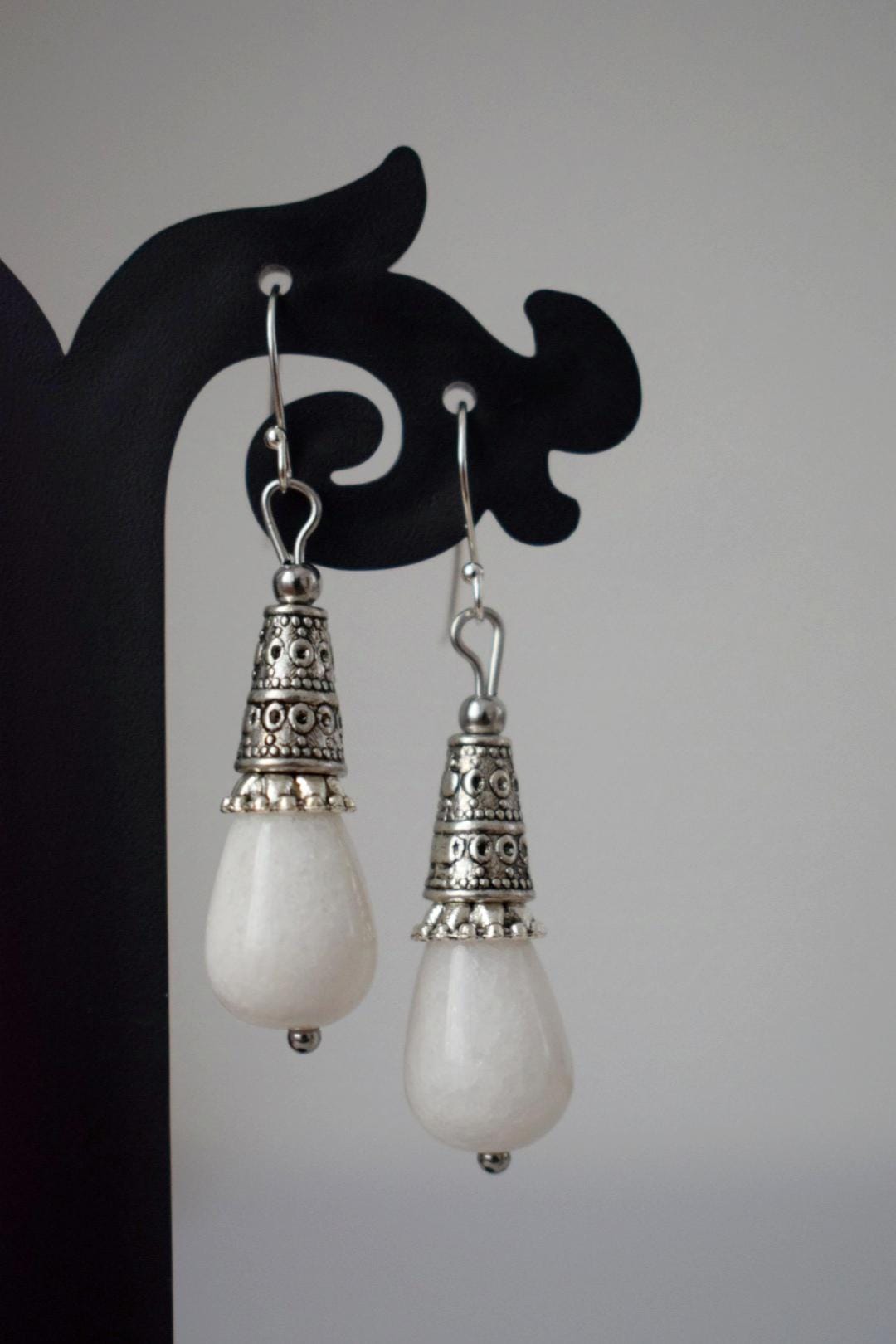 Weiße Jade Tropfen Ohrringe Geschenk für Frauen, Vintage, Sterling Silber Ohrhänger, Boho Chic Ohrringe, Edelstein Handgemachter Schmuck