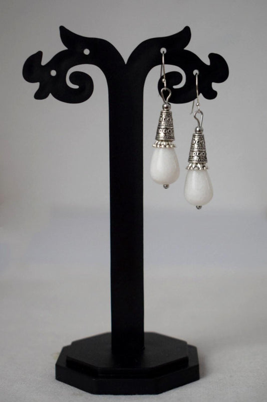 Weiße Jade Tropfen Ohrringe Geschenk für Frauen, Vintage, Sterling Silber Ohrhänger, Boho Chic Ohrringe, Edelstein Handgemachter Schmuck