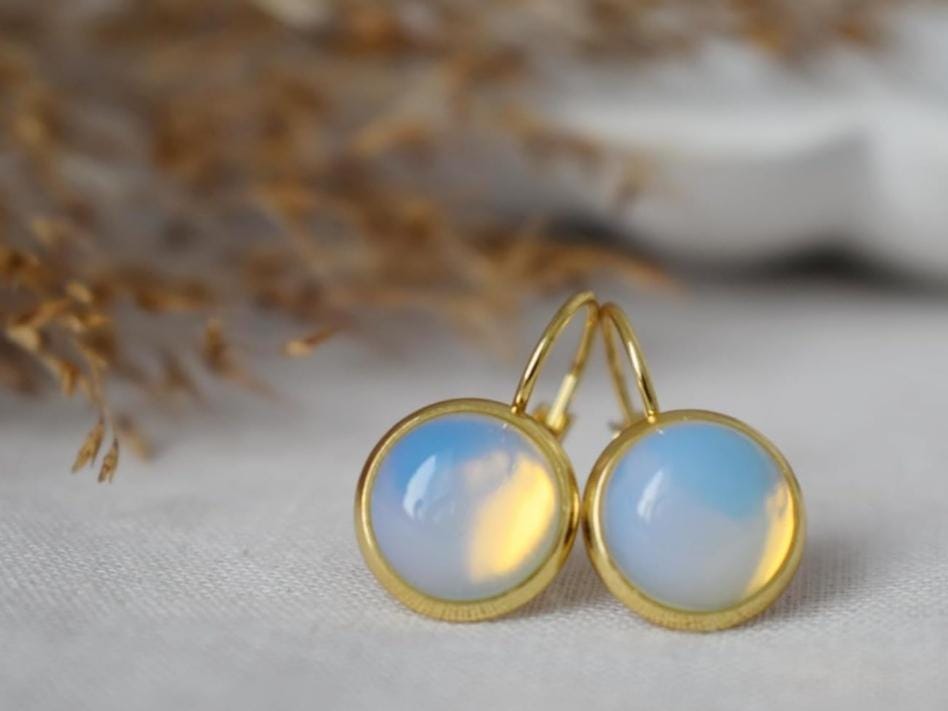 Opalith Mondstein Ohrringe, Regenbogen Edelstein Ohrhänger, 18k vergoldeter Edelstahl, Brautjungfern Schmuck, Geschenk für Sie