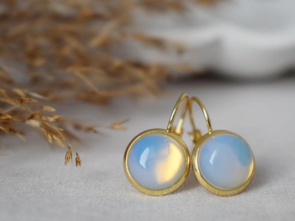 Opalith Mondstein Ohrringe, Regenbogen Edelstein Ohrhänger, 18k vergoldeter Edelstahl, Brautjungfern Schmuck, Geschenk für Sie