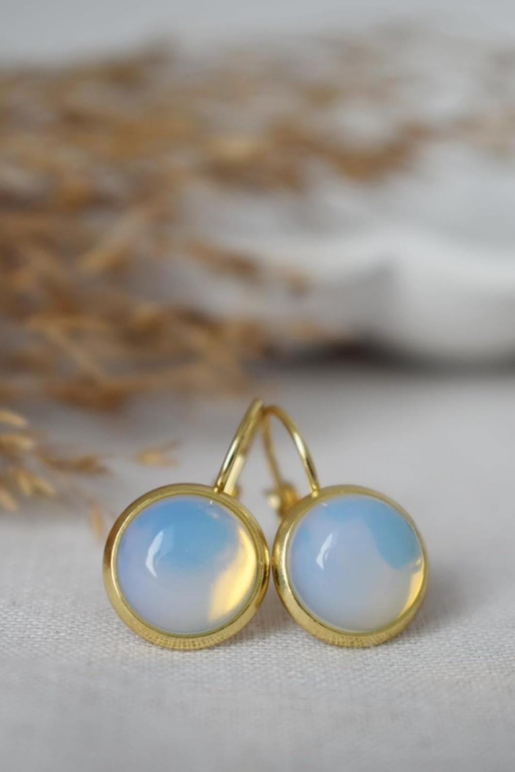 Opalith Mondstein Ohrringe, Regenbogen Edelstein Ohrhänger, 18k vergoldeter Edelstahl, Brautjungfern Schmuck, Geschenk für Sie