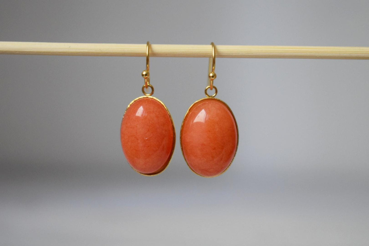 Orange Jade Dangle Earrings: Gold Plated Oval Gemstone Pendant Jewelry