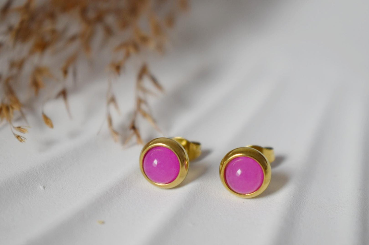 Pink Jade Stud Earrings: Gemstone Gold Plated Stainless Steel Jewelry