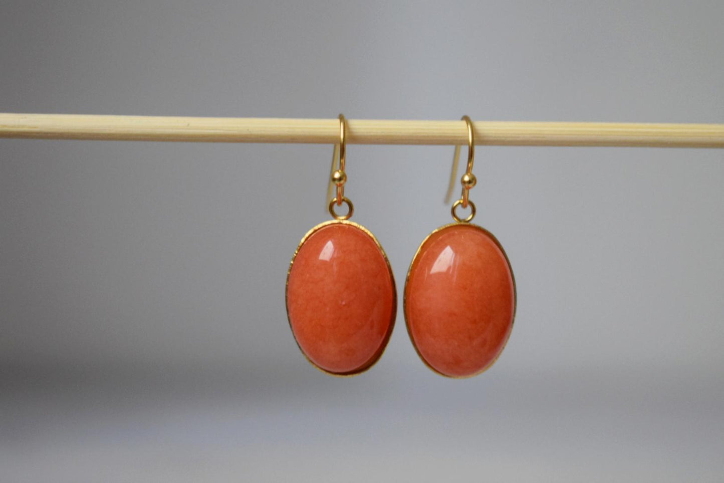 Orange Jade Dangle Earrings: Gold Plated Oval Gemstone Pendant Jewelry