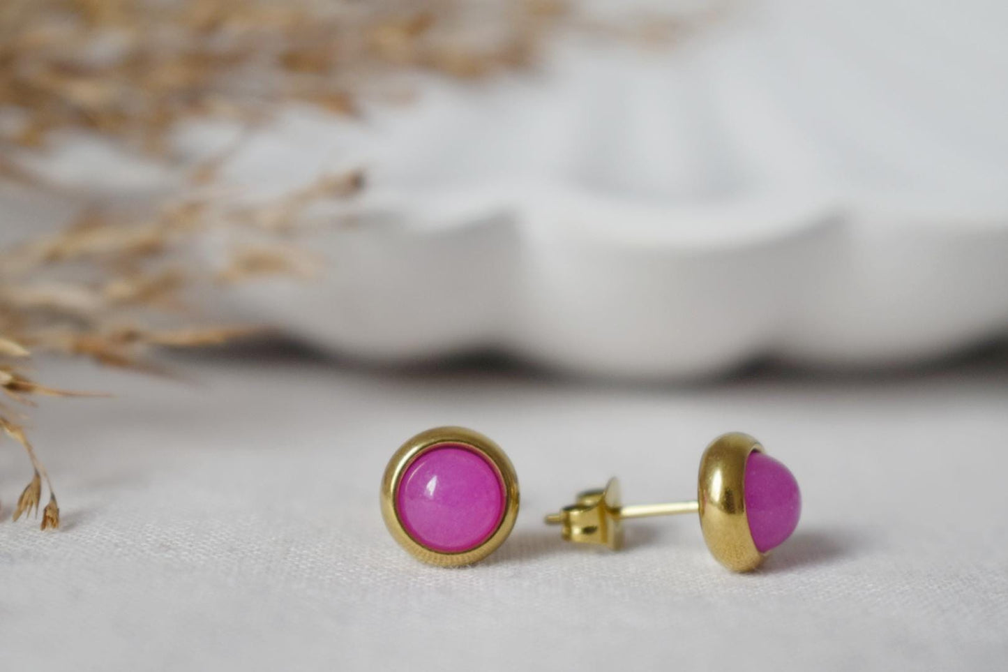 Pink Jade Stud Earrings: Gemstone Gold Plated Stainless Steel Jewelry