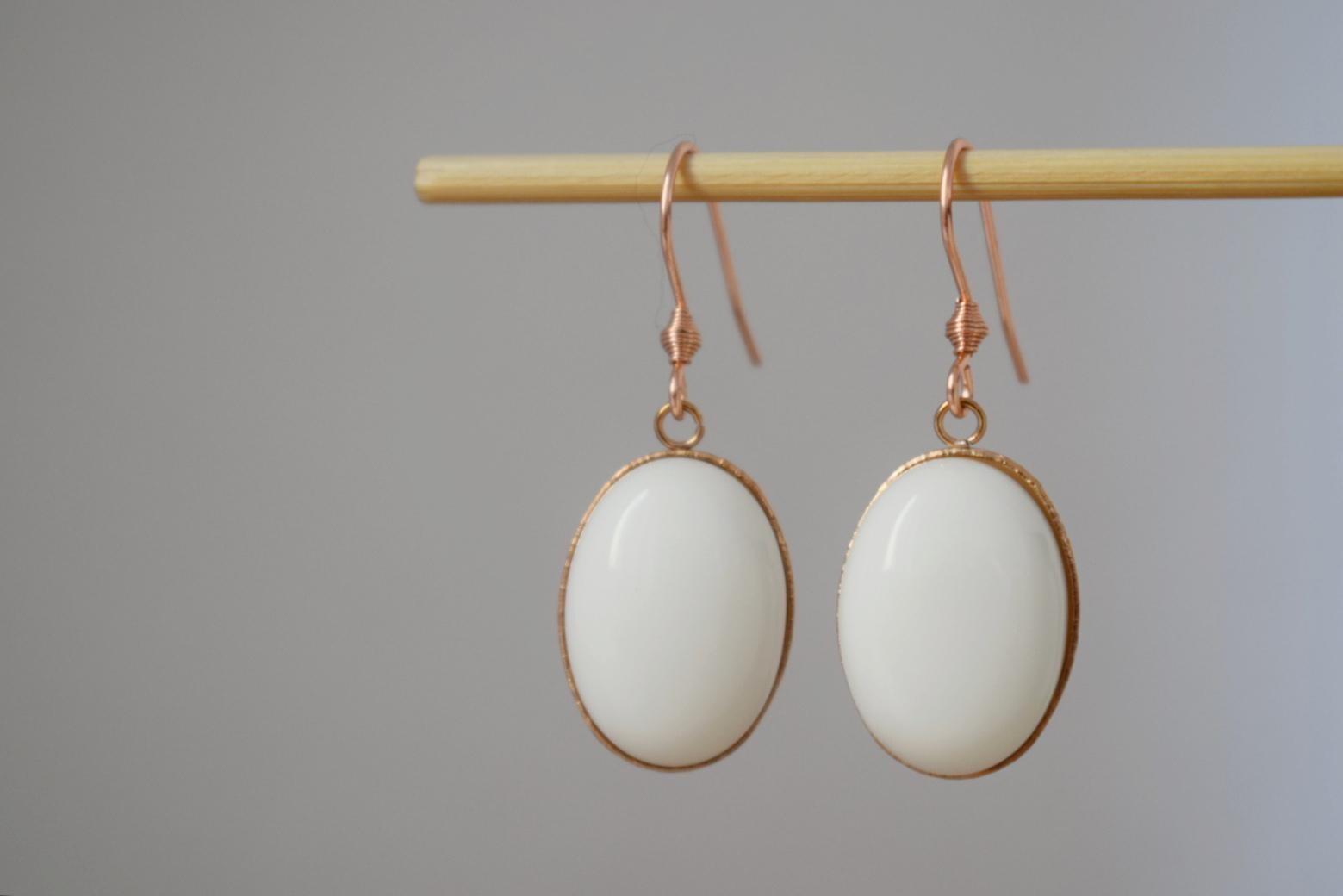 Rose Gold Dangle Drop Earrings: White Jade Gemstone Jewelry