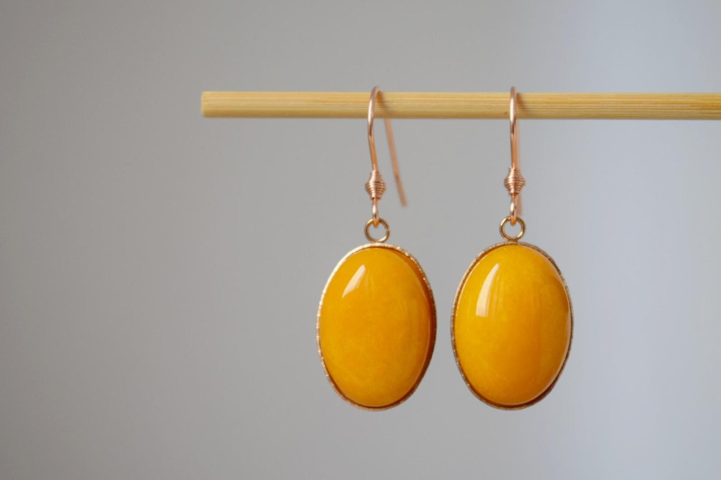 Handmade Rose Gold Yellow Jade Earrings: Oval Dangle