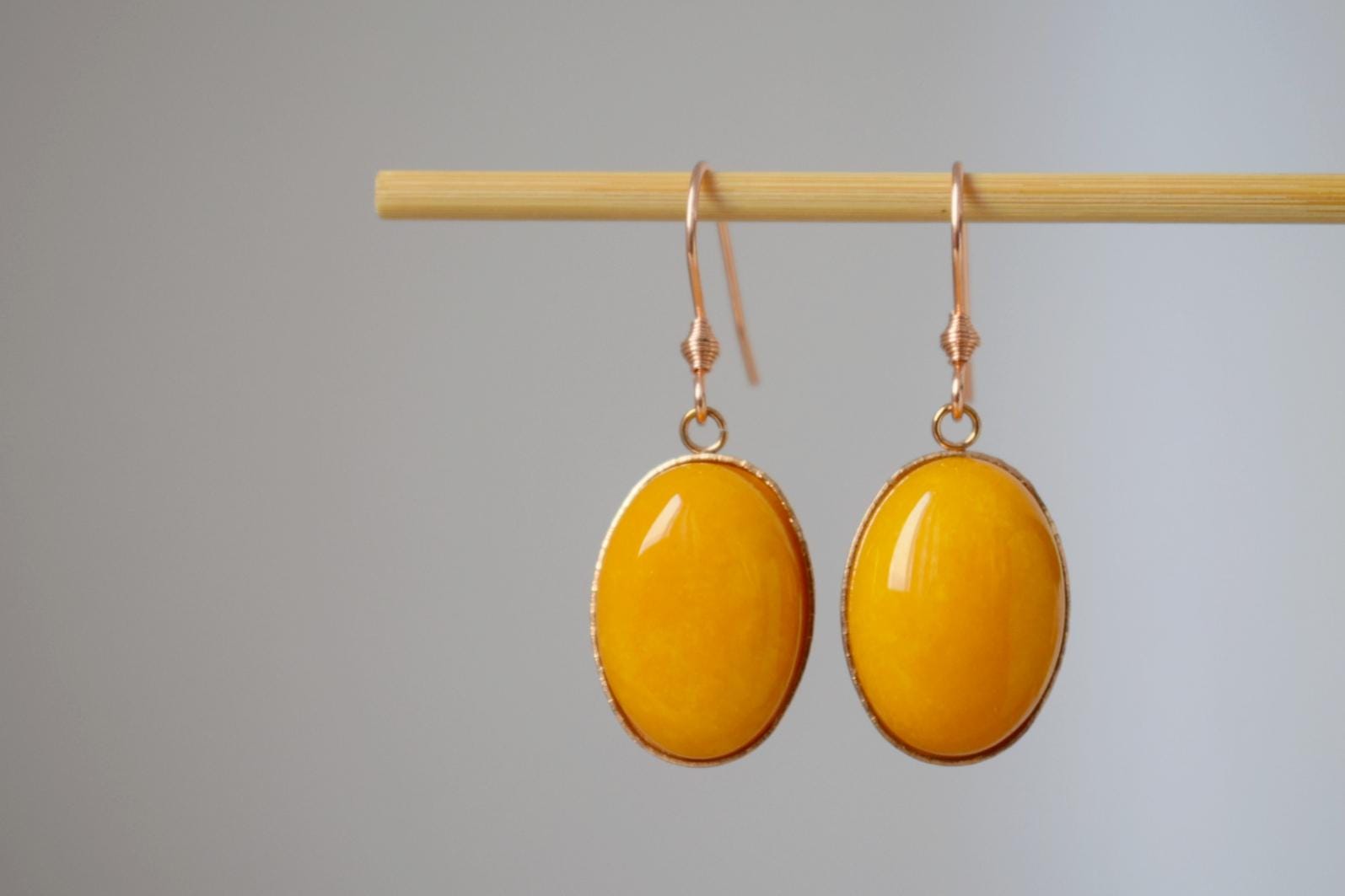 Handmade Rose Gold Yellow Jade Earrings: Oval Dangle