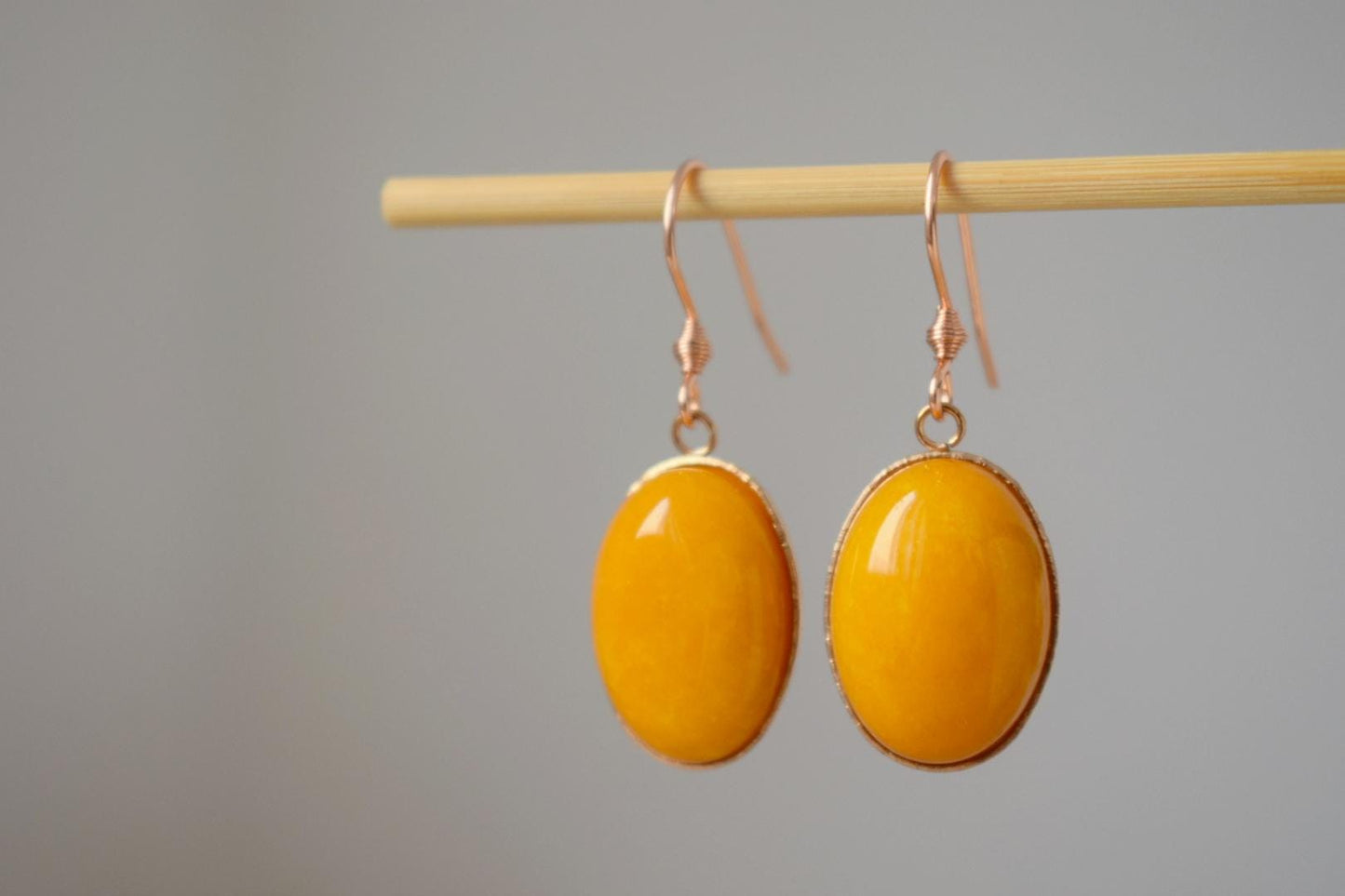 Handmade Rose Gold Yellow Jade Earrings: Oval Dangle