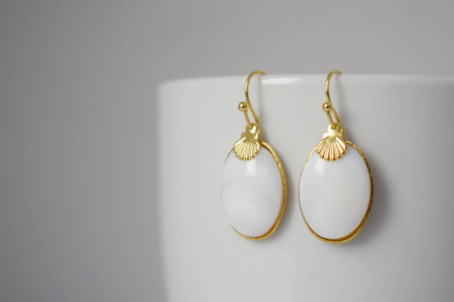 Freshwater Shell Earrings: Oval Pendant Dangle, 18k Gold Plated hooks, Jewelry gift