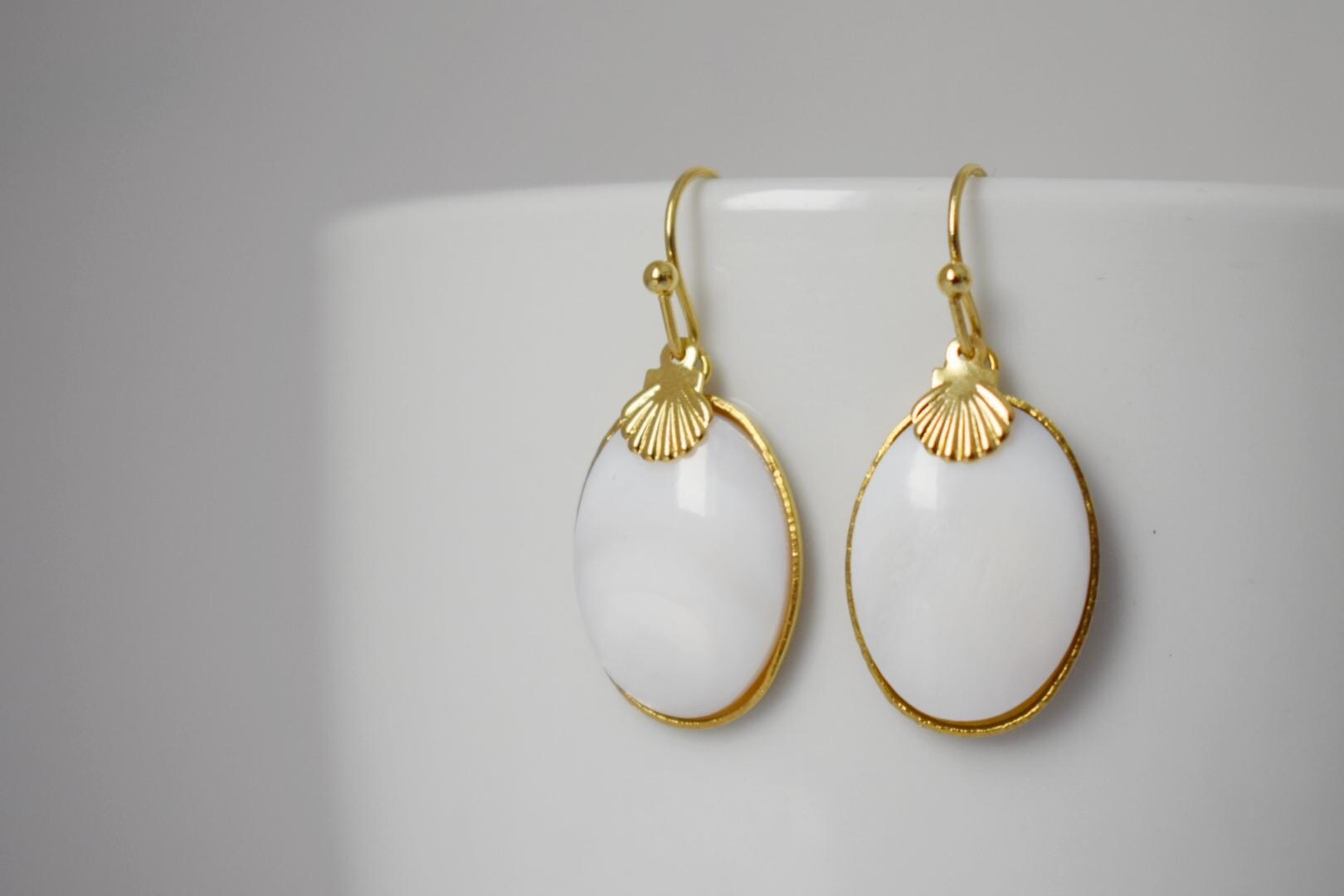 Freshwater Shell Earrings: Oval Pendant Dangle, 18k Gold Plated hooks, Jewelry gift