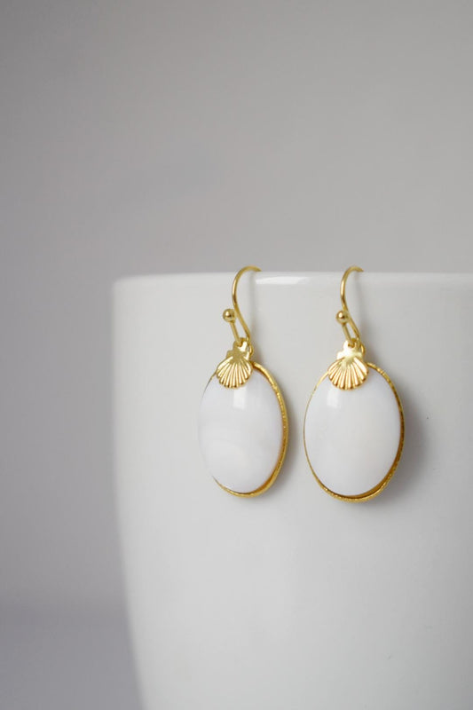 Freshwater Shell Earrings: Oval Pendant Dangle, 18k Gold Plated hooks, Jewelry gift