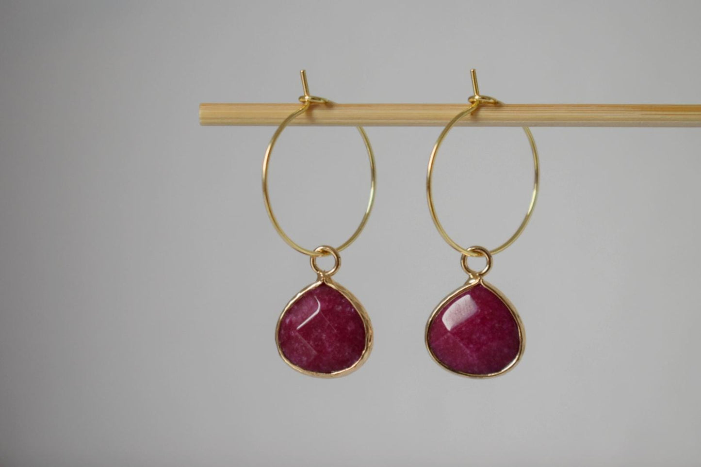 Wine Red Jade Hoop Earrings: 18k Gold Plated Stainless Steel Creole, Jewelry Gift