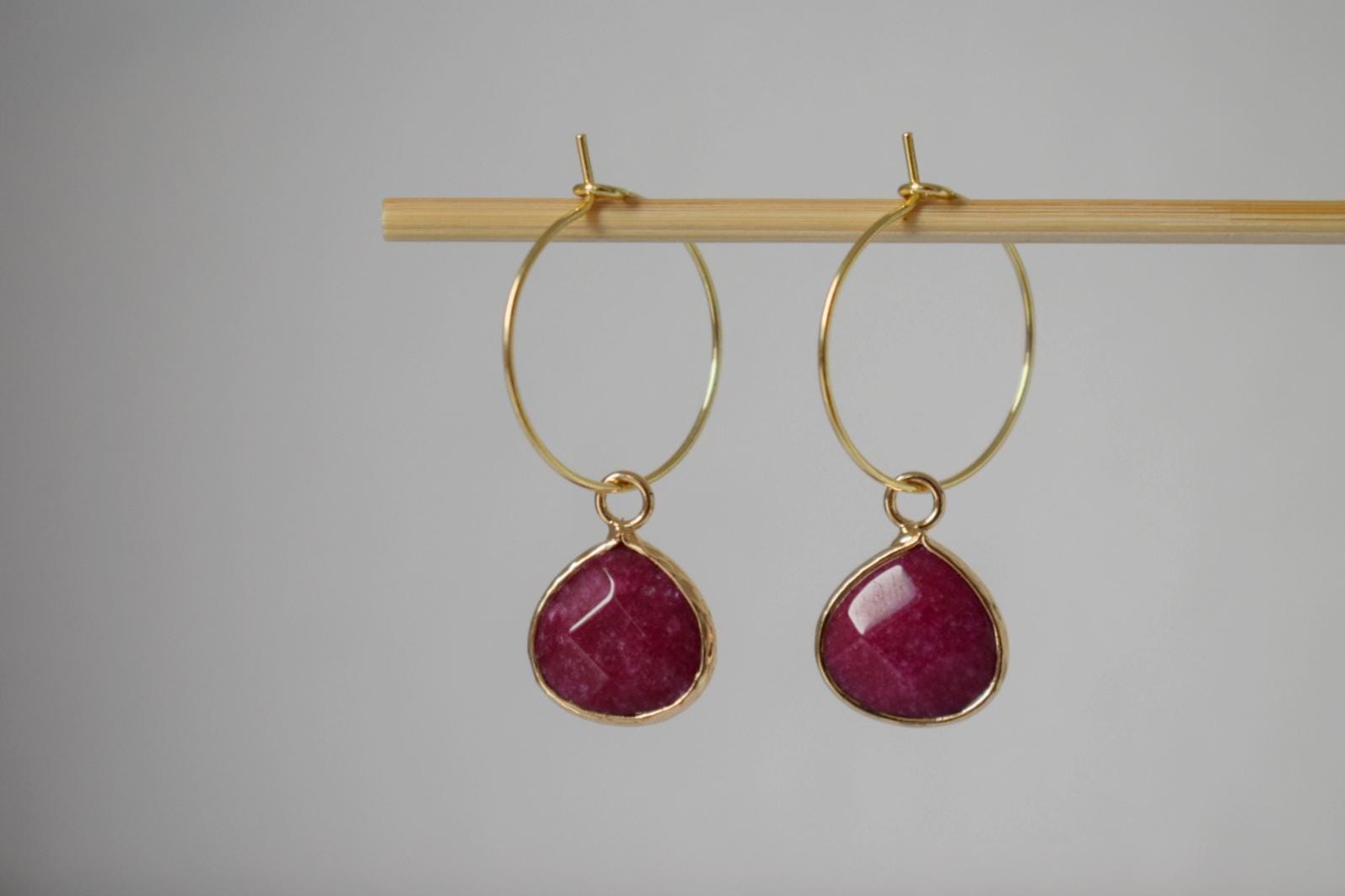 Wine Red Jade Hoop Earrings: 18k Gold Plated Stainless Steel Creole, Jewelry Gift