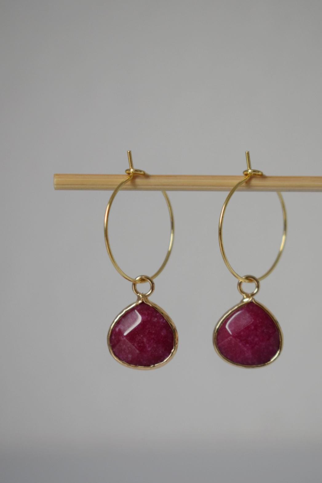 Wine Red Jade Hoop Earrings: 18k Gold Plated Stainless Steel Creole, Jewelry Gift
