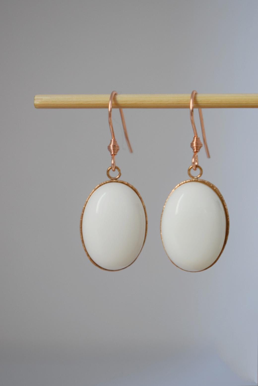 Rose Gold Dangle Drop Earrings: White Jade Gemstone Jewelry