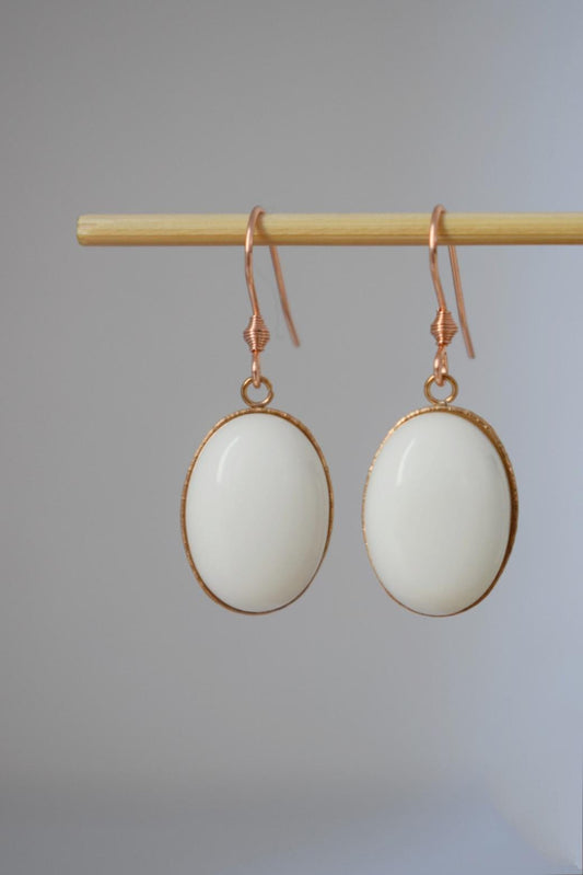 Rose Gold Dangle Drop Earrings: White Jade Gemstone Jewelry