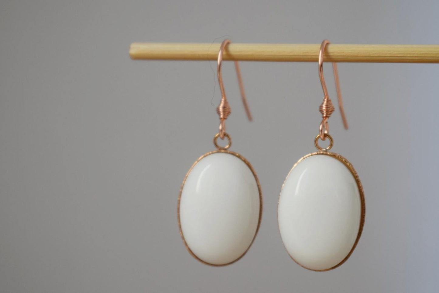 Rose Gold Dangle Drop Earrings: White Jade Gemstone Jewelry
