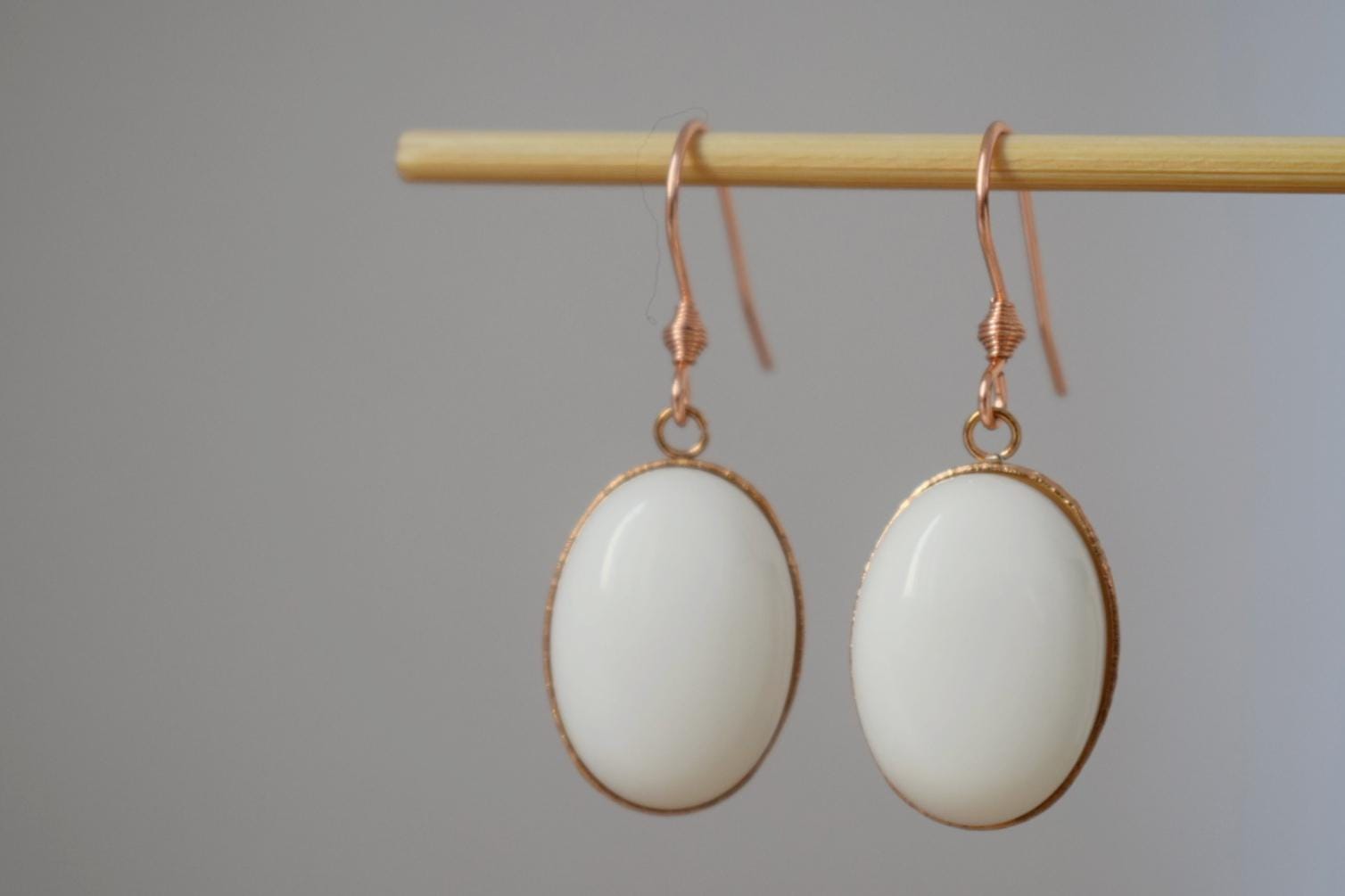 Rose Gold Dangle Drop Earrings: White Jade Gemstone Jewelry