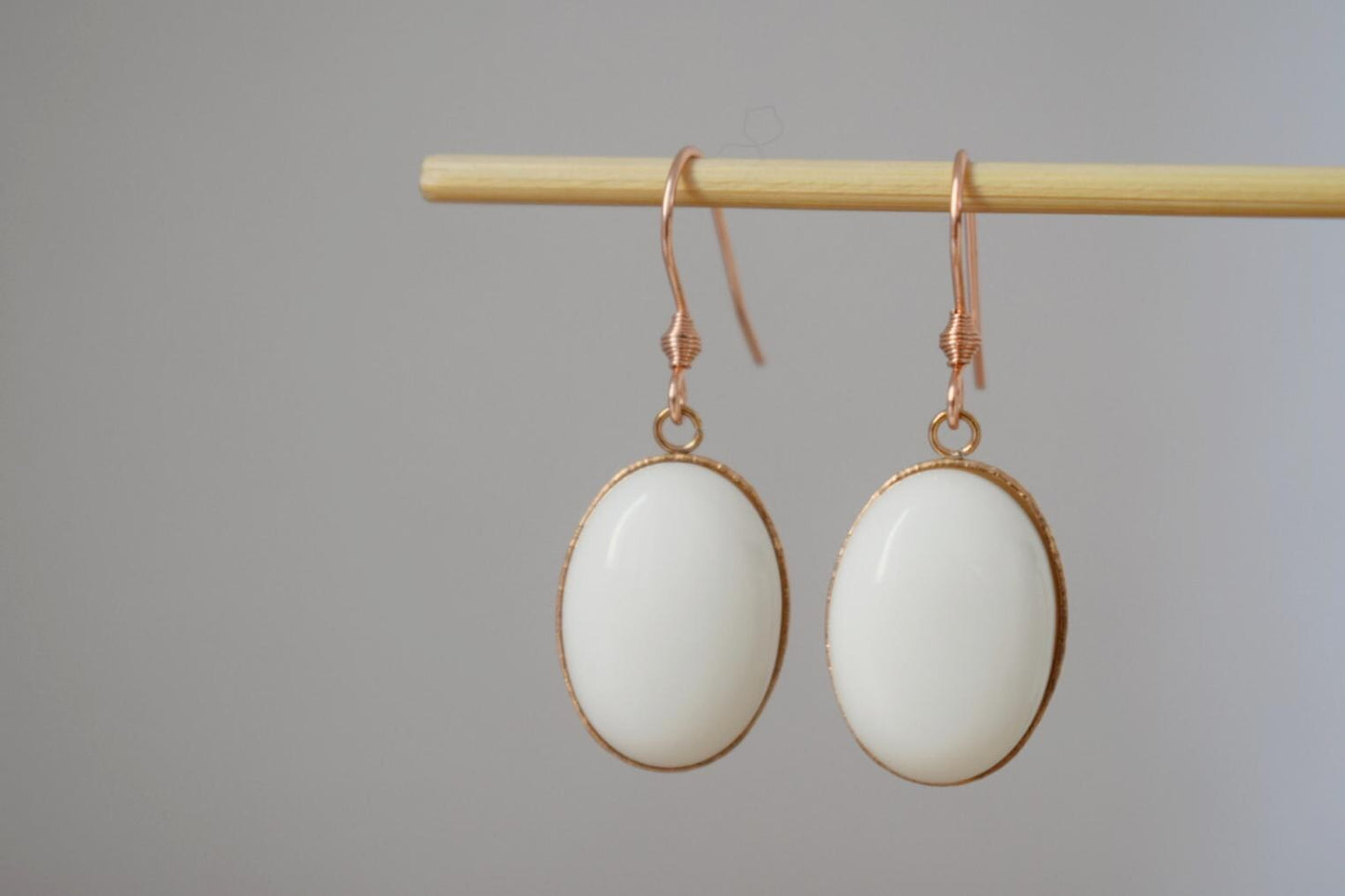 Rose Gold Dangle Drop Earrings: White Jade Gemstone Jewelry
