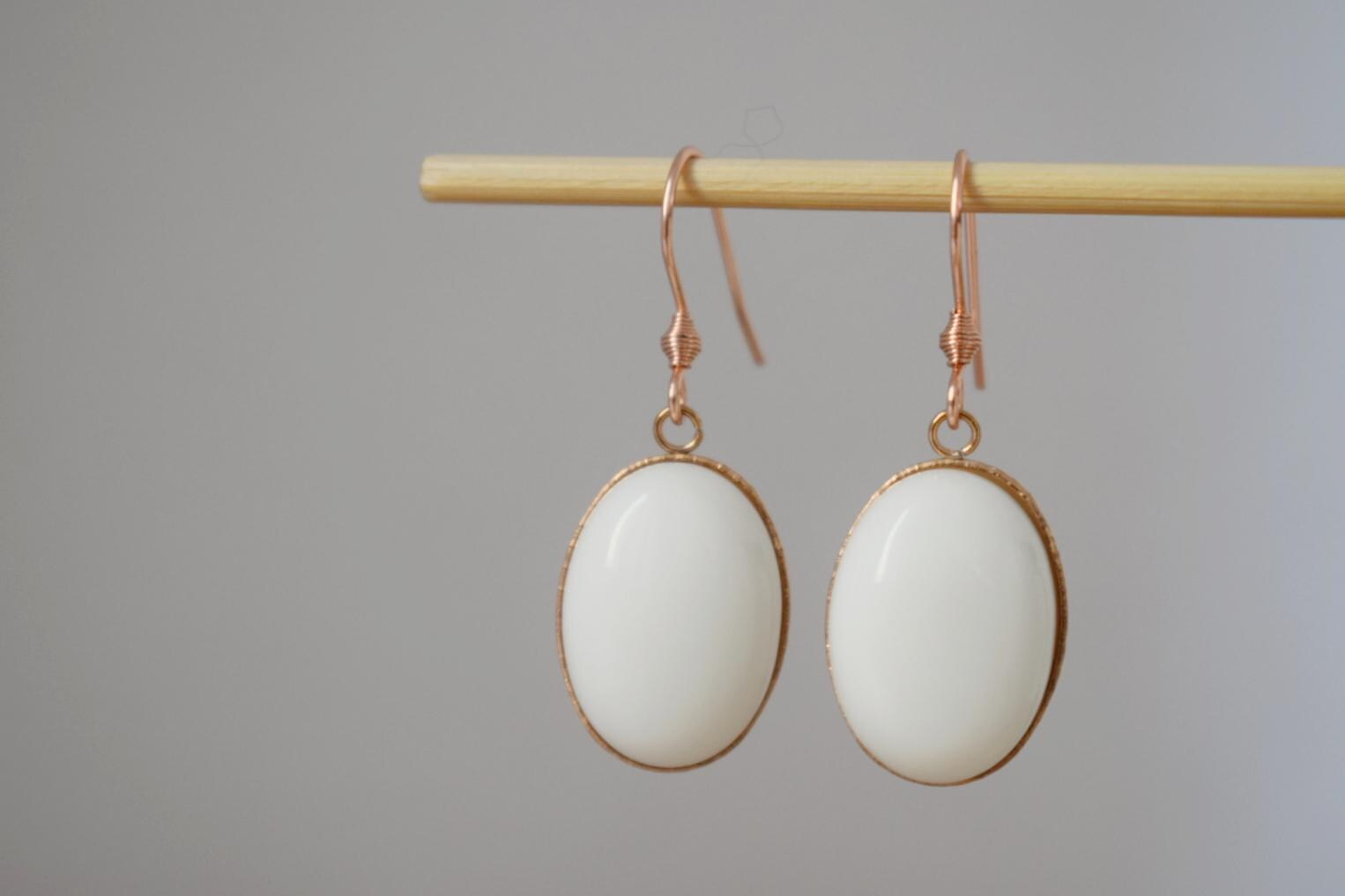 Rose Gold Dangle Drop Earrings: White Jade Gemstone Jewelry