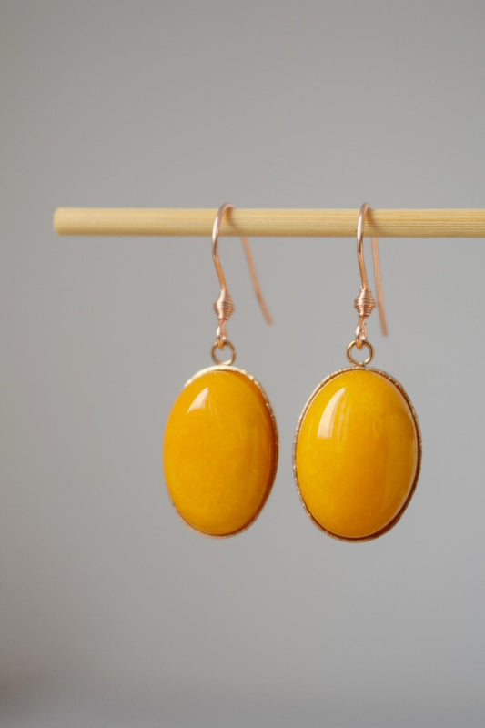 Handmade Rose Gold Yellow Jade Earrings: Oval Dangle