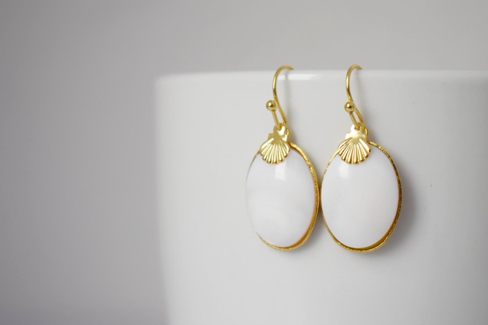 Freshwater Shell Earrings: Oval Pendant Dangle, 18k Gold Plated hooks, Jewelry gift