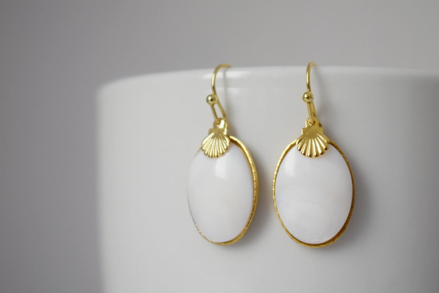 Freshwater Shell Earrings: Oval Pendant Dangle, 18k Gold Plated hooks, Jewelry gift