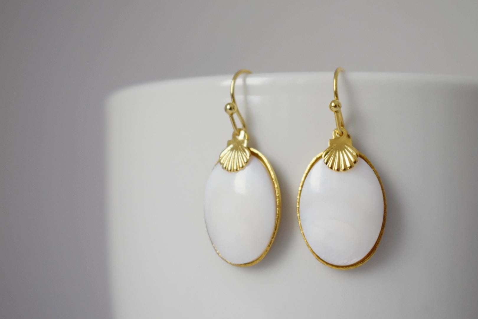Freshwater Shell Earrings: Oval Pendant Dangle, 18k Gold Plated hooks, Jewelry gift
