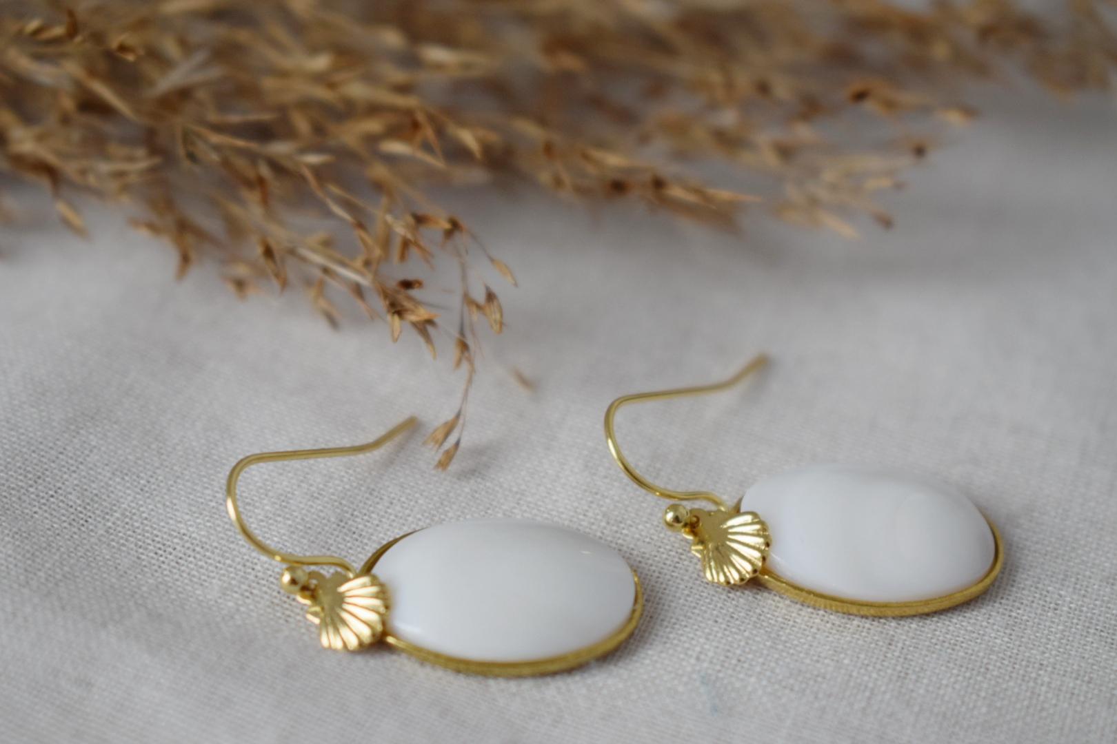 Freshwater Shell Earrings: Oval Pendant Dangle, 18k Gold Plated hooks, Jewelry gift