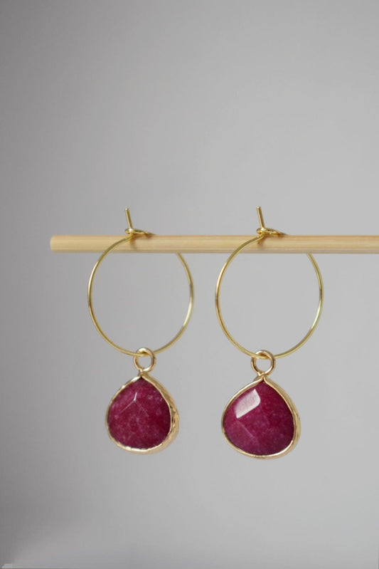 Wine Red Jade Hoop Earrings: 18k Gold Plated Stainless Steel Creole, Jewelry Gift
