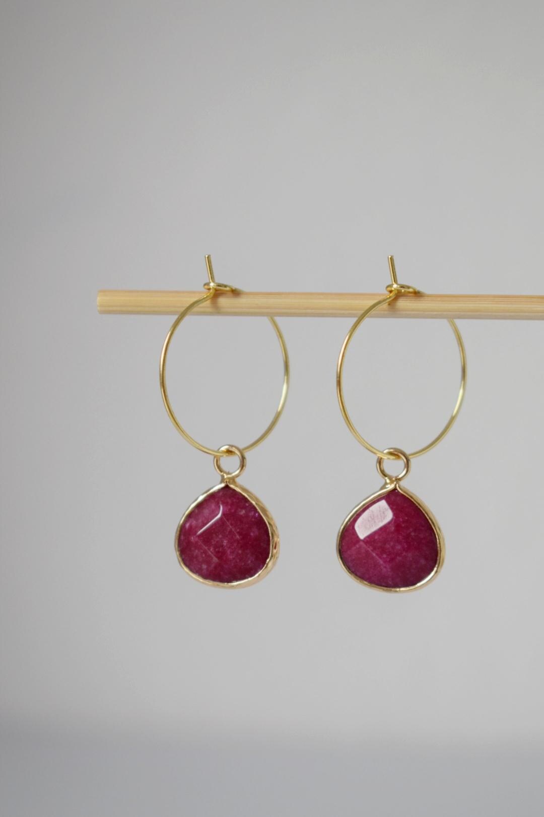 Wine Red Jade Hoop Earrings: 18k Gold Plated Stainless Steel Creole, Jewelry Gift