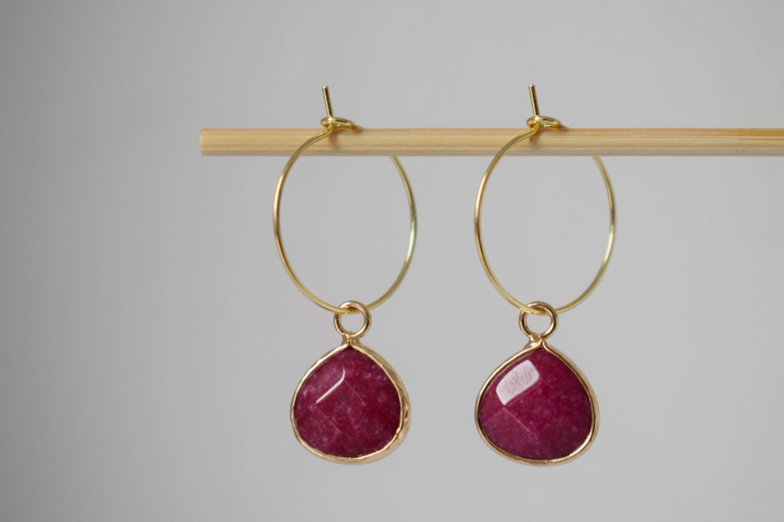 Wine Red Jade Hoop Earrings: 18k Gold Plated Stainless Steel Creole, Jewelry Gift