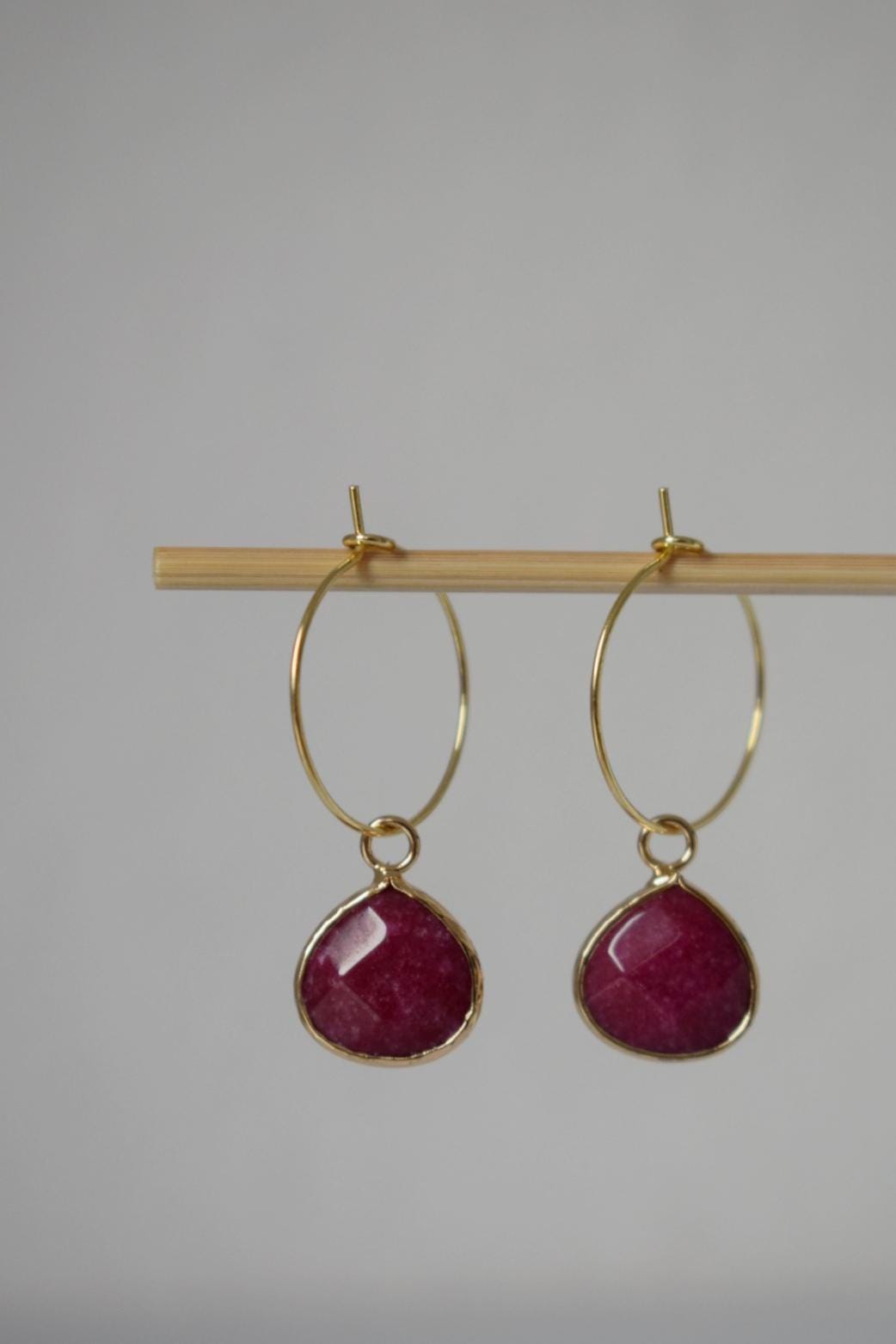 Wine Red Jade Hoop Earrings: 18k Gold Plated Stainless Steel Creole, Jewelry Gift