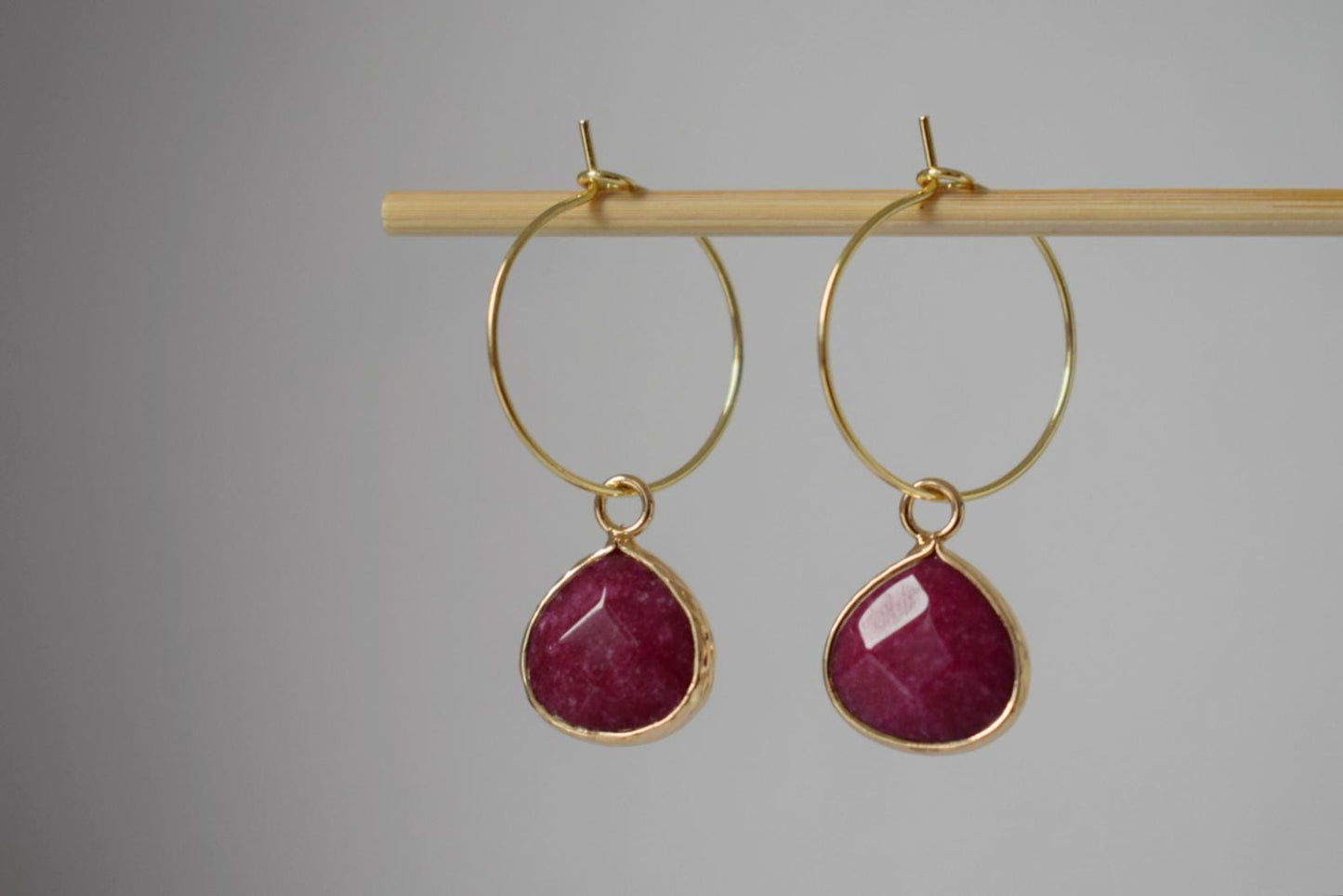 Wine Red Jade Hoop Earrings: 18k Gold Plated Stainless Steel Creole, Jewelry Gift