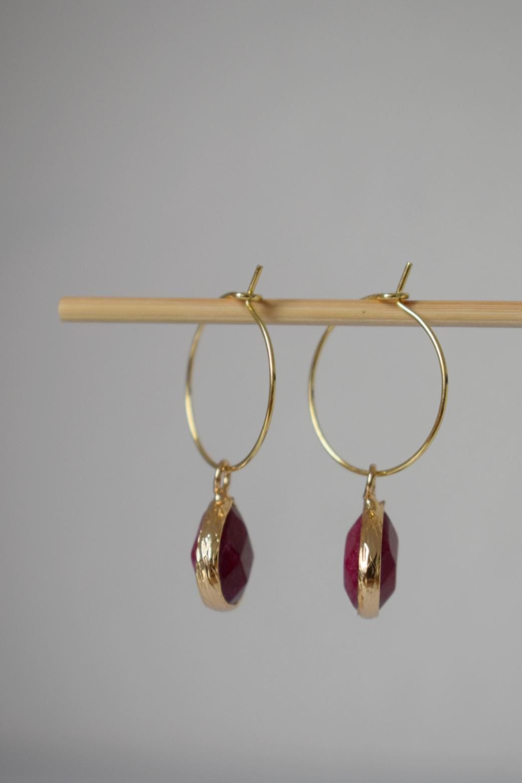 Wine Red Jade Hoop Earrings: 18k Gold Plated Stainless Steel Creole, Jewelry Gift