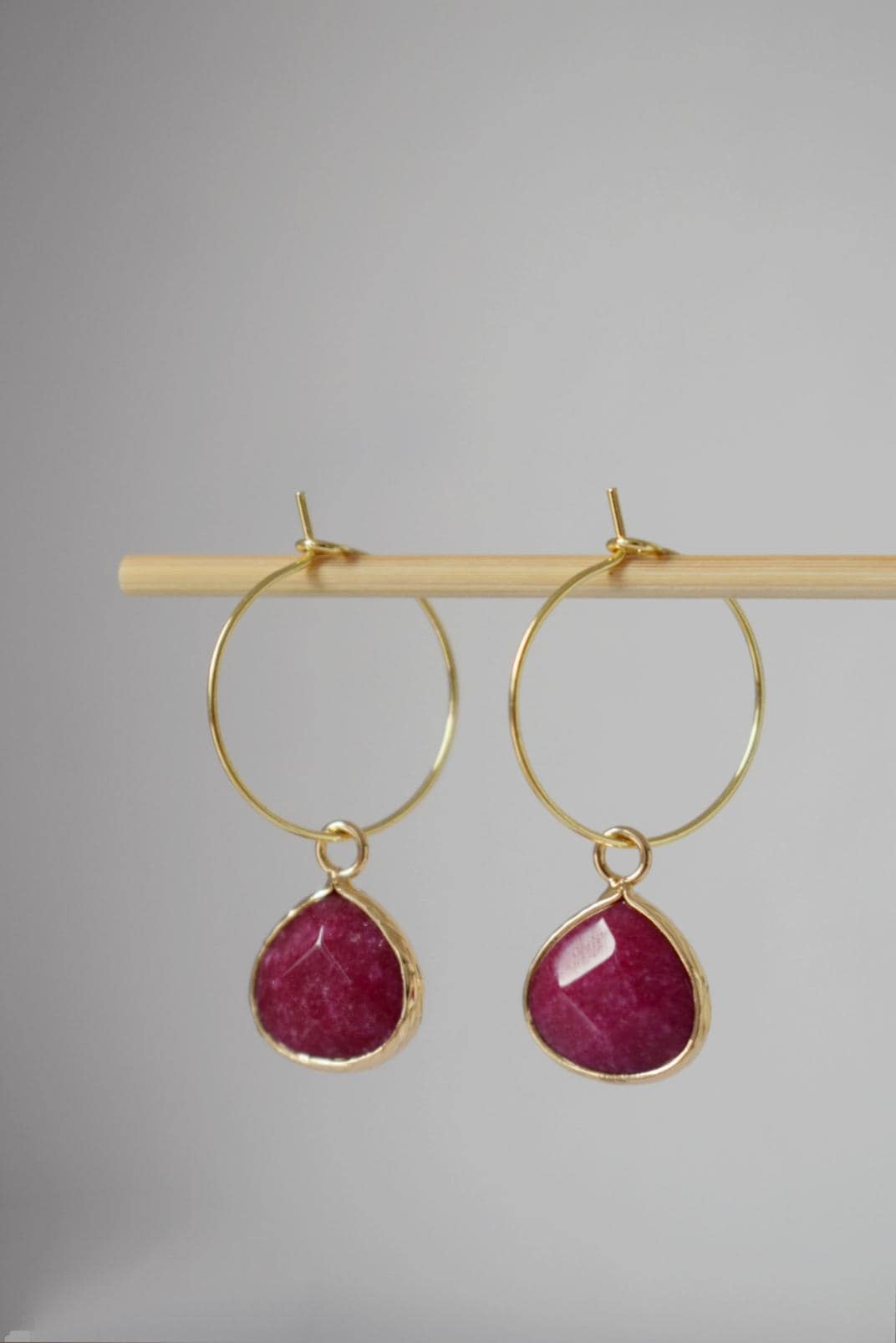 Wine Red Jade Hoop Earrings: 18k Gold Plated Stainless Steel Creole, Jewelry Gift